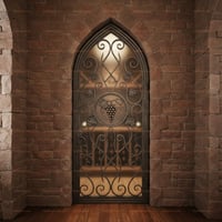 Arched Frosted Glass Door With Dark Metal Frame and Grapevine Scrollwork