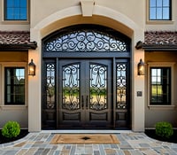 Elegant Wrought Iron Double Door With Arched Transom and Side Lites
