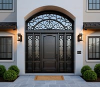 Arched Mediterranean Entryway With Dark Door, Ornate Transom, and Sidelights