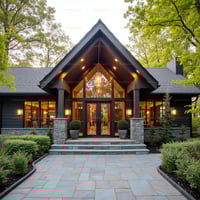 Ornate Double Glass Doors With Dark Metal Frame and Symmetrical Scrollwork Design