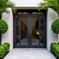 Ornate Metal Double Entry Door With Geometric Grille Design