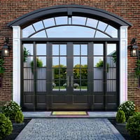 Elegant Double Front Door With Arched Transom and Dark Finish