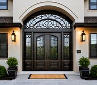 Elegant Double Entry Door With Arched Transom, Metal Grillwork, and Sidelights