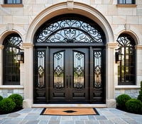 Ornate Black Wood Double Doors With Arched Transom and Ironwork