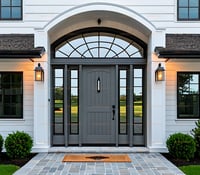 Gray Arched Entry Door With Sidelights, Transom, and Black Hardware