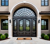 Elegant Arched Black Metal Double Door With Wrought Iron and Glass