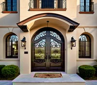 Arched Double Doors With Ornate Ironwork, Dark Wood, and Mediterranean Design