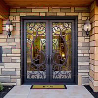 Black Metal Frame Double Door With Decorative Wrought Iron Tree Design