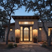 Arched Brown Wood Front Door With Textured Glass Sidelights and Transom