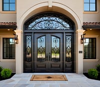 Ornate Arched Wrought Iron Double Door With Glass Panels and Sidelights