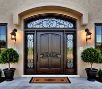 Elegant Dark Wood Double Door With Decorative Scrollwork and Sidelights