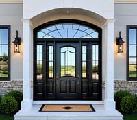 Elegant Black Arched Entry Door With Sidelights and Transom Window 2