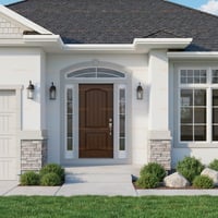 Arched Wood Entry Door With Sidelights in Modern Stucco Home