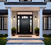 Black Plank Door With Transom Window, Brass Hardware, and Stone Tile Porch