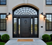 Arched Black Entry Door With Transom and Sidelights