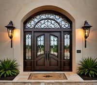 Elegant Arched Double Front Door With Wrought Iron and Dark Wood Finish