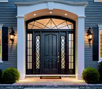 Arched Black Front Door With Geometric Transom and Sidelights