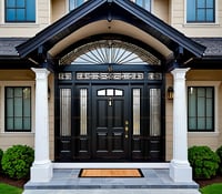 Elegant Dark Paneled Front Door With Arched Transom and Sidelights 2
