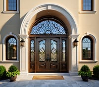 Elegant Arched Double Front Doors With Decorative Ironwork in Classical Entryway