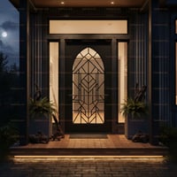 Arched Black Front Door With Geometric Glass Design and Sidelights