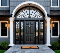 Elegant Dark Paneled Front Door With Arched Transom and Sidelights
