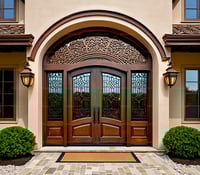 Ornate Arched Double Door With Ironwork and Sidelights 2