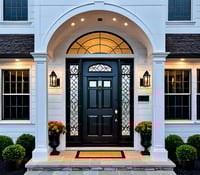 Elegant Black Paneled Front Door With Arched Entryway and Decorative Sidelights