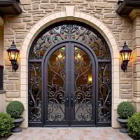 Arched Black Wrought Iron Double Door With Filigree and Stone Facade