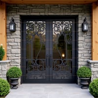 Decorative Wrought Iron Double Doors With Stone Wall and Wooden Pillars