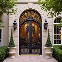 Elegant Black Wrought Iron Double Door With Arched Top and Stone Archway