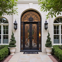 Arched Wrought Iron Double Doors With Sunburst Design and Black Finish