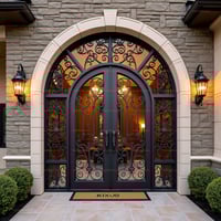 Arched Wrought Iron Double Front Door With Floral Scrollwork Design