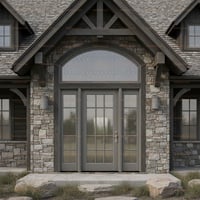Gray Entry Door With Sidelights, Arched Transom, and Frosted Glass
