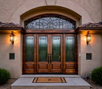 Elegant Arched Mahogany Double Door With Wrought Iron Grillwork and Transom