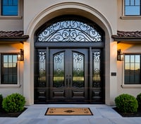 Ornate Wrought Iron Double Doors With Arched Transom and Sidelights 2