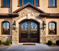 Arched Double Doors With Wrought Iron in Stone Facade Entrance 1